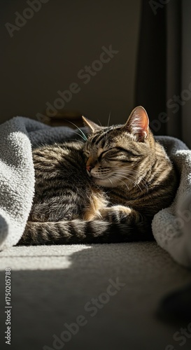 A fluffy tabby cat is deeply asleep, curled up on a cozy, warm blanket in a sunlit room, completely relaxed and peaceful during a quiet rest ,whiskers ,relaxation ,mammal