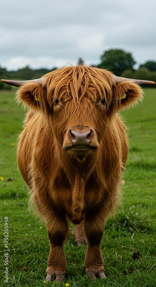 Fototapeta premium A shaggy Highland cow with long, flowing hair covering its eyes, sporting a wonderfully comical and endearing expression in a green field ,whimsical ,animal ,funny