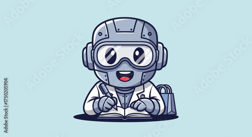 Robot cartoon figure writing in a book wearing lab coat