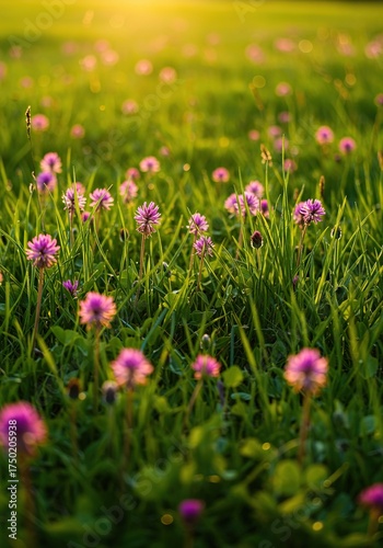 A vibrant meadow filled with delicate wildflowers peeking through lush green blades, bathed in golden sunlight. Perfect for spring and nature themes ,summer ,park ,field