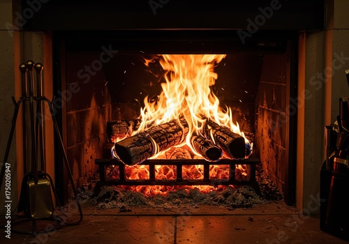 A glowing hearth filled with burning logs emanates warmth, casting a comforting ambiance that evokes pure, natural happiness and contentment ,nature ,winter ,warmth