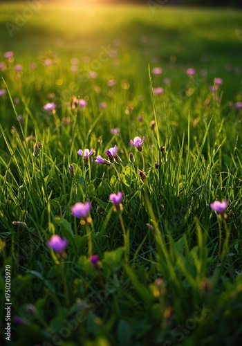 A vibrant meadow filled with delicate wildflowers peeking through lush green blades, bathed in golden sunlight. Perfect for spring and nature themes ,tranquil ,field ,flowers