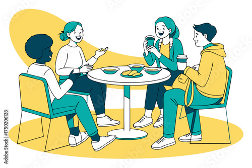 A group of friends eating and talking around a table