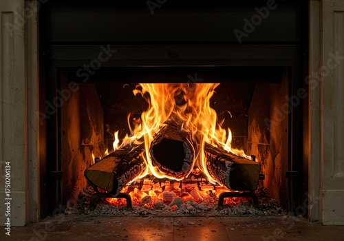 A mesmerizing blaze of burning logs fills an antique fireplace, offering comforting warmth and a quintessential home feeling ,classic ,intimate ,hearth