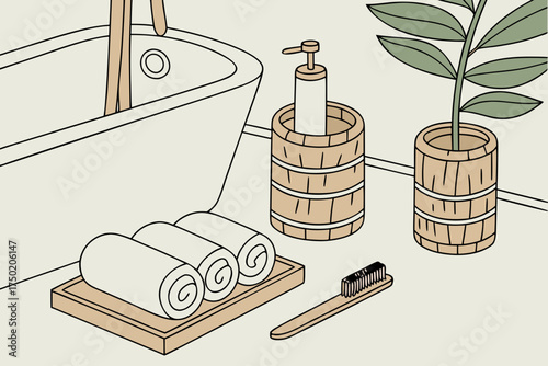 A minimal modern bathroom interior with spa accessories