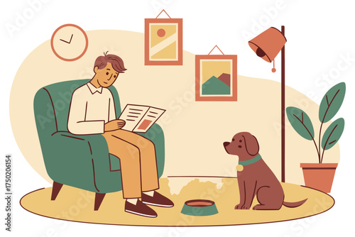 A man reading a newspaper with his dog in a cozy living room