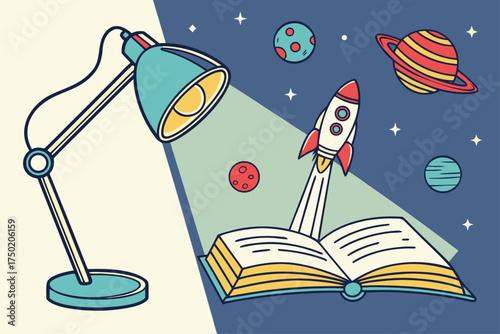 A rocket launching from a book into space under a lamp