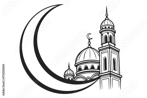 Black and white minimalist design of a mosque and crescent