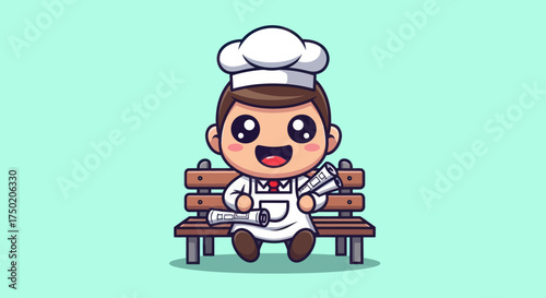 Smiling chef cartoon on bench with plans, soft colors