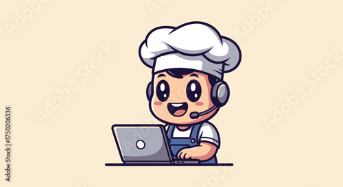 Cartoon chef with headset using a laptop