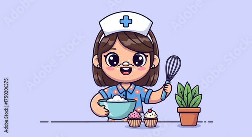 Cartoon nurse baking with a whisk and bowl, cupcakes nearby