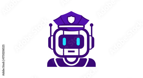 Police bot illustration with purple body, blue eyes, and badge