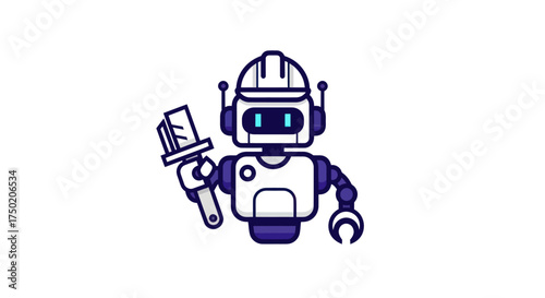 Robot with hardhat holding a paintbrush, claw hand extended