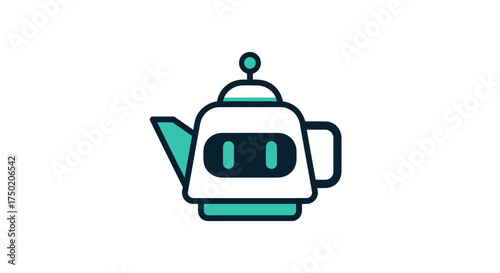 Minimalist white teapot with teal accents and robotic face