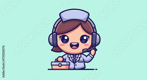 Cute cartoon nurse with headset and medical bag on a mint green background