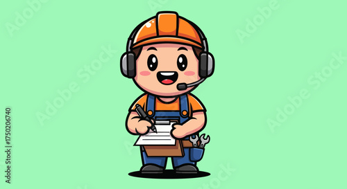 Cartoon worker with hardhat, headset, pen, and clipboard