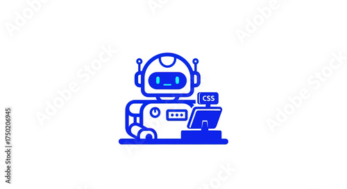 Blue cartoon robot working on a computer monitor, coding CSS
