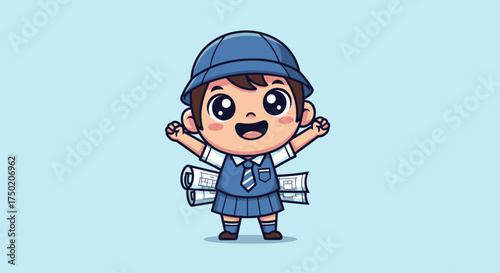 Cartoon-style cheerful child architect with plans, arms raised