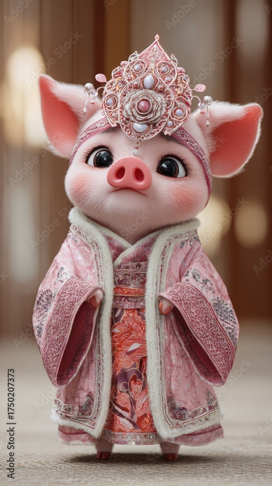 Fototapeta premium Cute pig wearing ornate crown and traditional ornate kimono robe Animal