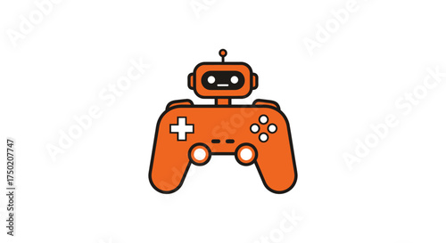 Orange robot head atop game controller