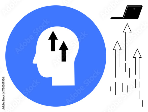 Human head silhouette with upward arrows inside, laptop, and vertical arrows symbolizing growth, technology, progress, innovation, education, potential, and success in a simple flat metaphor