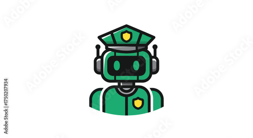 Green robot officer wearing hat and badge