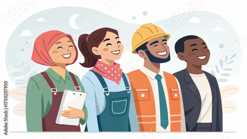 Diverse group of workers smiling and looking up representing different professions and backgrounds together