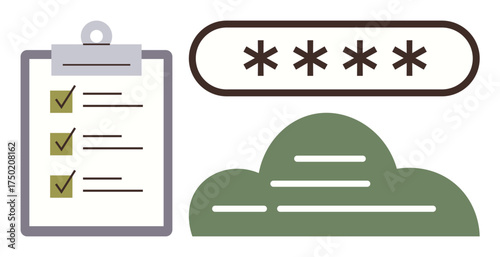 Checklist with completed tasks, cloud storage icon, and password input field highlight key themes thumbs up organization, cybersecurity, and productivity. Ideal for workflow, task management, digital