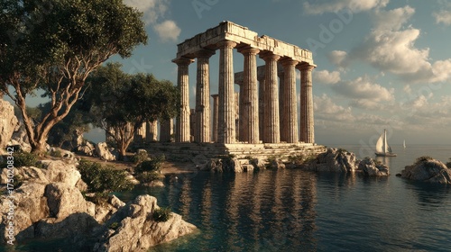 Ancient Greek Temple Ruins by the Sea, Evoking History and Serenity
