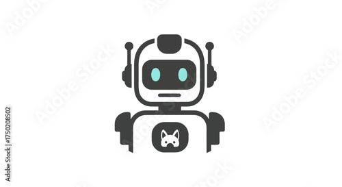 Simple graphic of a friendly robot, white and gray, with a cat icon