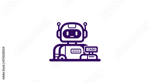 A violet outlined robot stands behind a counter with a "CASH" sign
