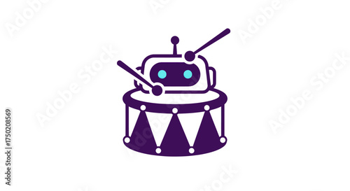 A robot with teal eyes plays a purple drum with drumsticks