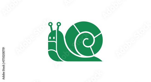 Green, stylized snail with segmented shell on a white background