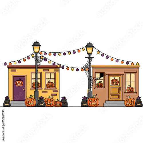 Flat Vector Illustration of Halloween Celebration Houses with Lanterns and Pumpkins