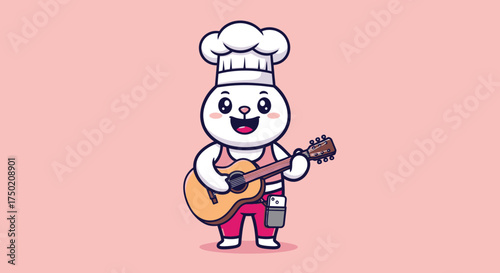 Cartoon bunny chef cheerfully playing guitar on a pink background