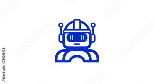 Minimalist blue robot icon with a blocky head and rounded body on white