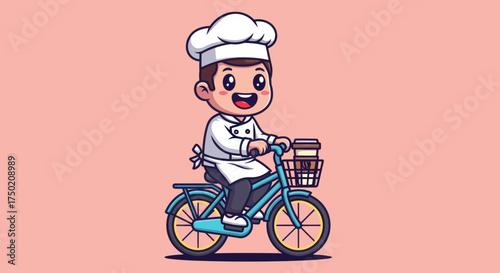 Cheerful cartoon chef delivers with coffee on a bike