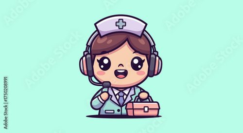 Cartoon nurse with headset and medical bag against a light blue background