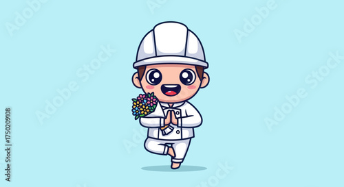 Cartoon builder with flowers standing