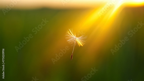 Extreme close-up of a single dandelion seed floating in the air, backlit by warm golden sunset light over a blurred green field
