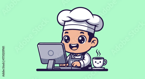 Cartoon baker works on a computer