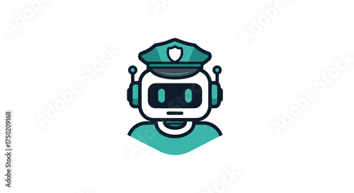Teal robot head, wearing a police hat with shield on white backdrop
