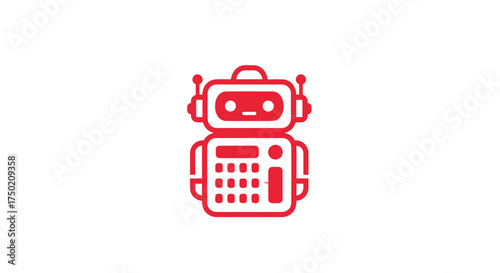Red flat vector icon of a robot with a calculator body on white