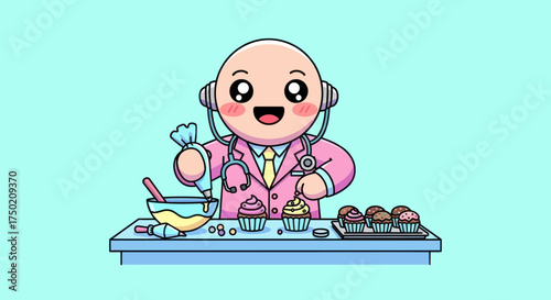 A cute, cartoon doctor decorates cupcakes with frosting on a light blue table