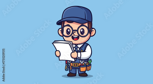 Cartoon tradesman in overalls holds papers against a blue backdrop