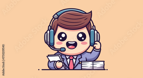 Cartoon agent with headset, papers