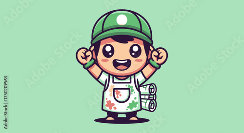 Cartoon of painter with rolls of paper and green hat, against a green backdrop