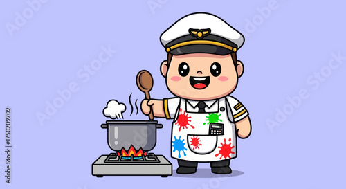 Cartoon pilot in apron cooks with pot on burner, holding spoon