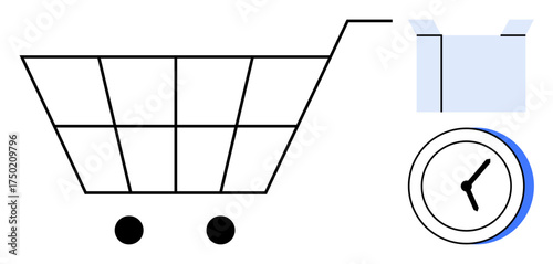 Thin-line shopping cart, clock, and open box emphasize fast delivery, shopping convenience, and e-commerce. Ideal for retail, logistics, time management, online services modern commerce consumer