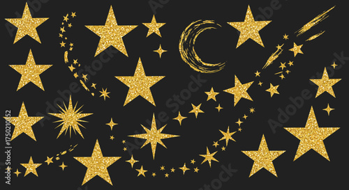 Elegant gold glitter stars and moon on a black background for festive designs